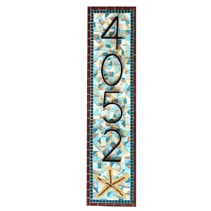 Mosaic House Number Sign: Vertical Address Plaque with Starfish
