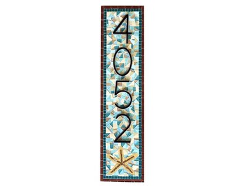 Mosaic House Number Sign: Vertical Address Plaque with Starfish