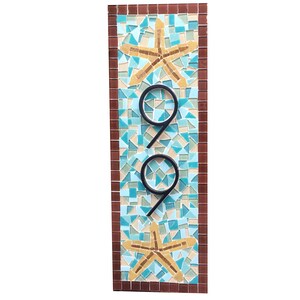 Brown and Aqua House Number Sign, Mosaic Address Plaque with Starfish