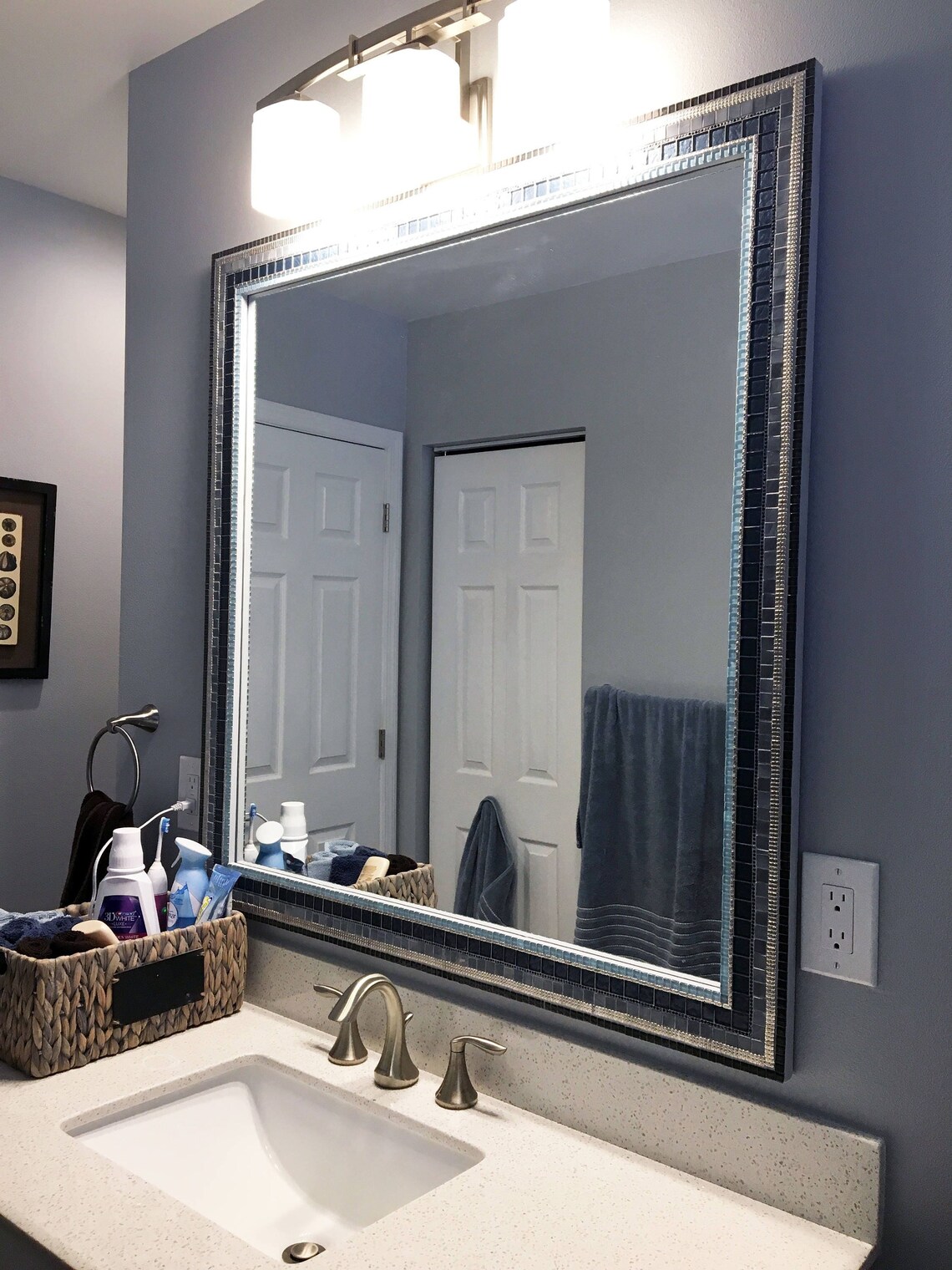Bathroom Mirror Blue and Gray Mosaic Mirror Large Wall Etsy