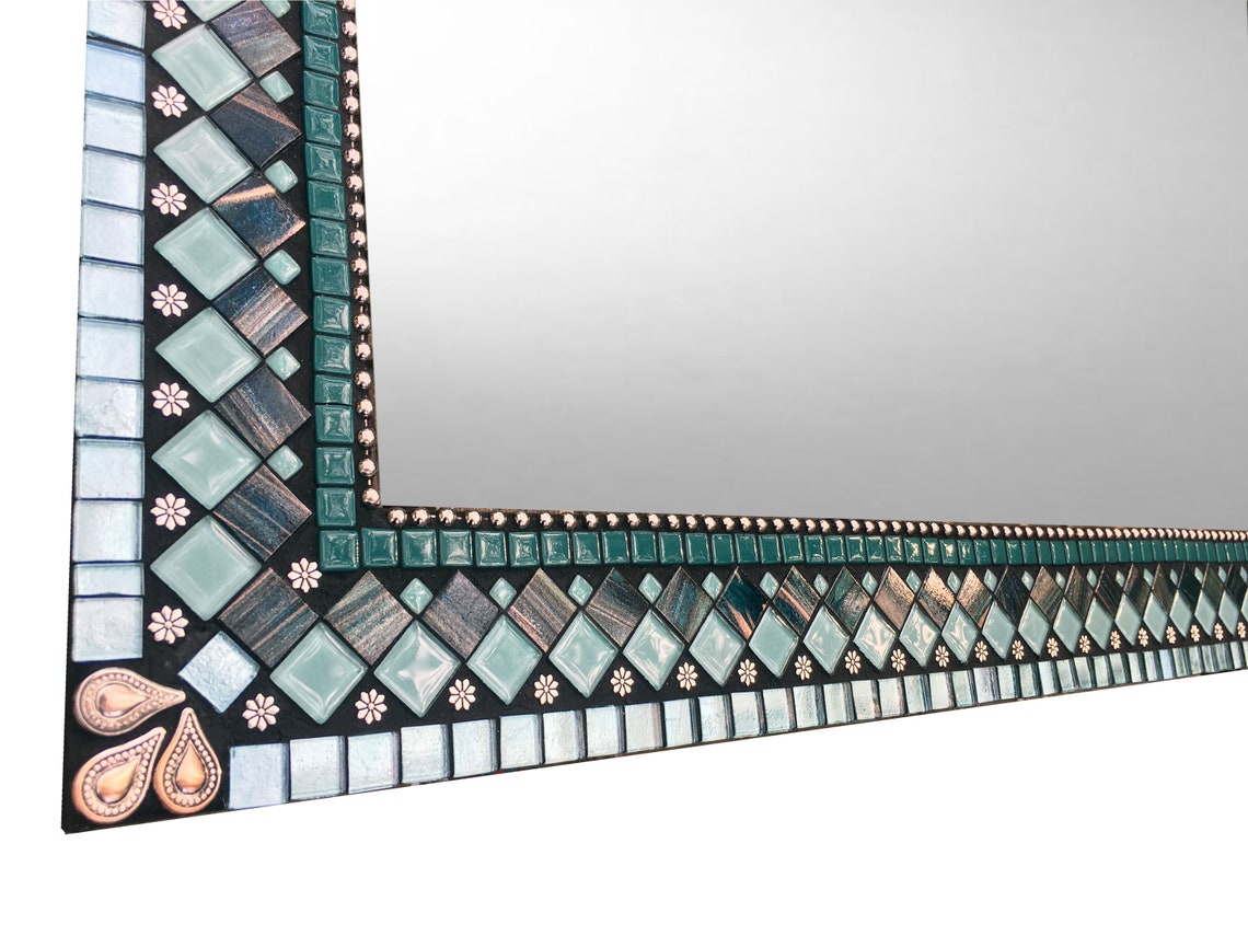 Mosaic Mirror Bathroom Mirror Large Wall Mirror Teal Aqua Etsy