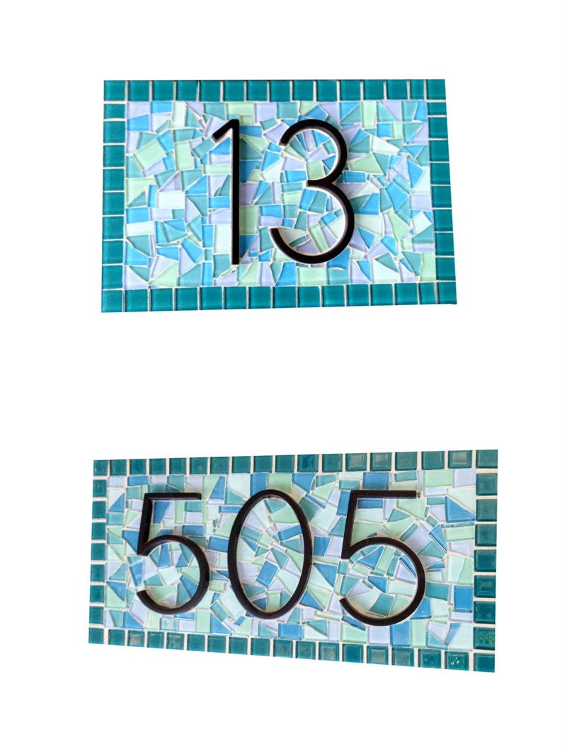 Mosaic House Number Sign, Teal Aqua Blue, Beach House Address Plaque image 4