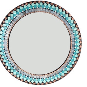 Round Wall Mirror in Turquoise, Teal, Gray, and Copper --  Mosaic Mirror --  Bathroom Mirror -- Wall Decor