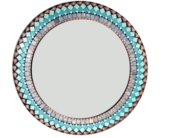 Round Wall Mirror in Turquoise, Teal, Gray, and Copper --  Mosaic Mirror --  Bathroom Mirror -- Wall Decor