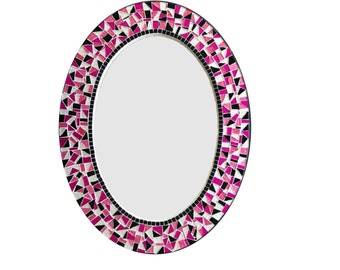 Mosaic Mirror, Oval Mirror, Wall Mirror, Hot Pink and Black