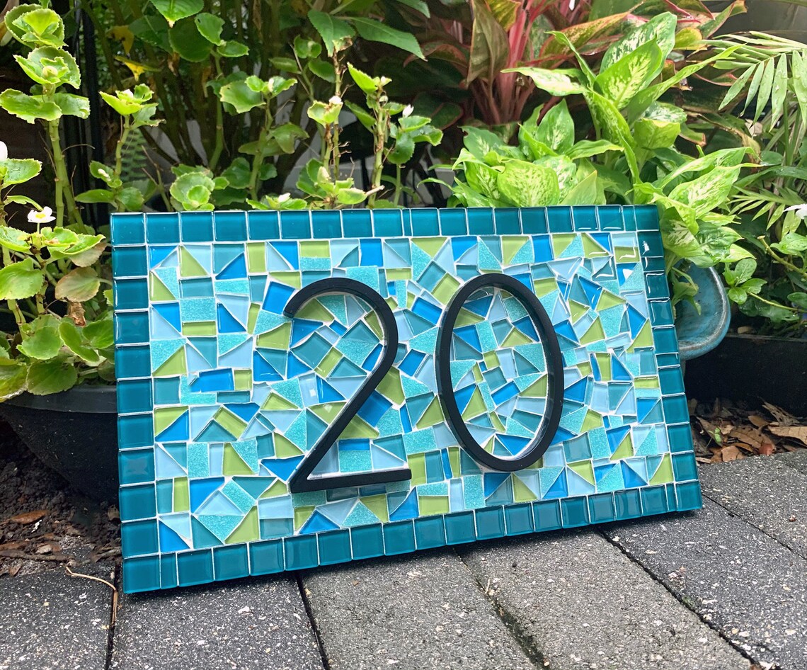 Colorful Address Sign Mosaic Address Plaque Teal and Lime Etsy