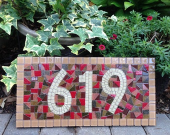 Mosaic House Number Plaque, Address Sign in Earth Tones