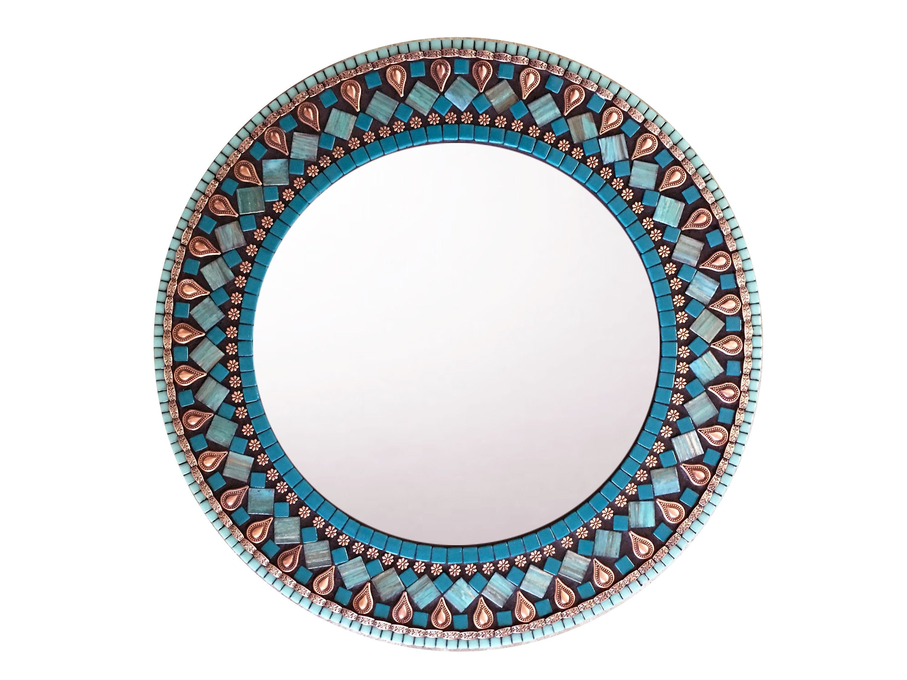 Round Wall Mirror, Mosaic Aqua Copper Black