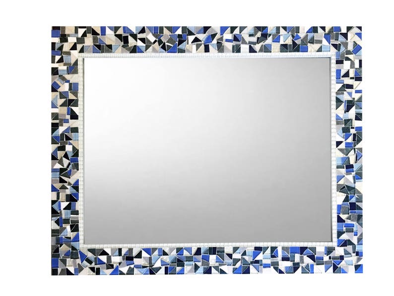 Navy Blue White and Gray Mosaic Mirror Large Wall Mirror Etsy