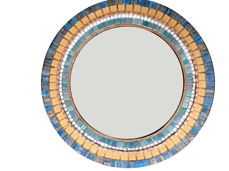 Round Mirror Navy Blue Copper Mosaic Mirror Etsy