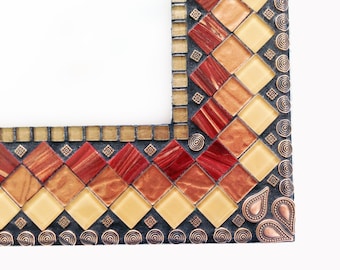 Large Mosaic Wall Mirror // Mixed Media Mosaic // Geometric Wall Decor //  Brown, Copper, Maroon Mirror