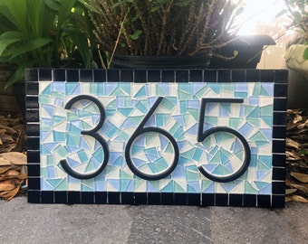 Señal de dirección, Señal de número de casa, Casa de playa, Dirección única, Señal de dirección de mosaico, Azul Aqua Black