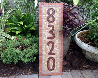 Vertical Address Sign, Mosaic House Numbers, Address Plaque, Neutral Colors, Customizable