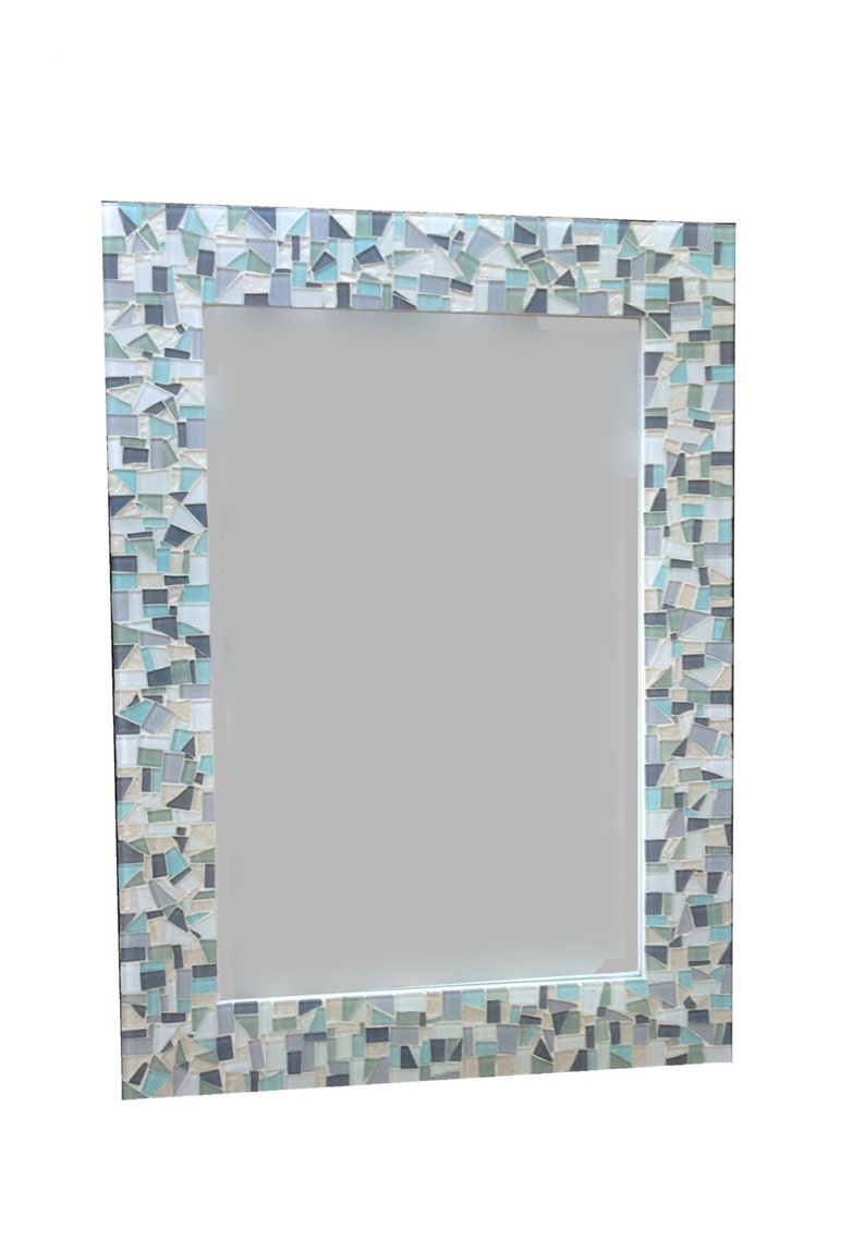 Mosaic Mirror // Neutral White, Gray, and Light Aqua // Beach House Decor image 4