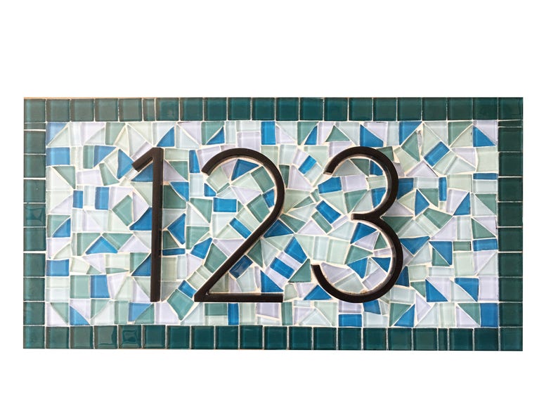 Mosaic House Number Sign, Teal Aqua Blue, Beach House Address Plaque image 5