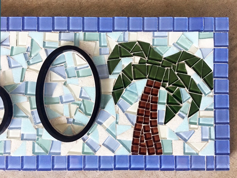 Beach House Address Sign in Blue and Aqua with Palm Trees, Mosaic House Number Sign image 6