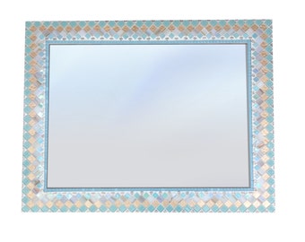 Bathroom Mirror | Large Mosaic Mirror | Beach House Decor | Wall Mirror in Aqua, White, Copper Metallic