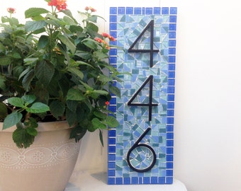 Address Sign, House Number Sign, Mosaic Address Plaque, Blue and Black, Unique Address Sign