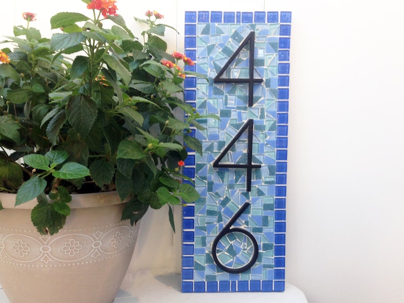 Address Sign, House Number Sign, Mosaic Address Plaque, Blue and Black, Unique Address Sign image 1