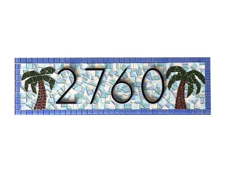 Beach House Address Sign in Blue and Aqua with Palm Trees, Mosaic House Number Sign image 4