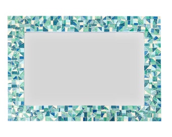 Mirror for Beach House, Mosaic Wall Mirror in Sea Foam Green, Aqua, Turquoise and White, Bathroom Mirror