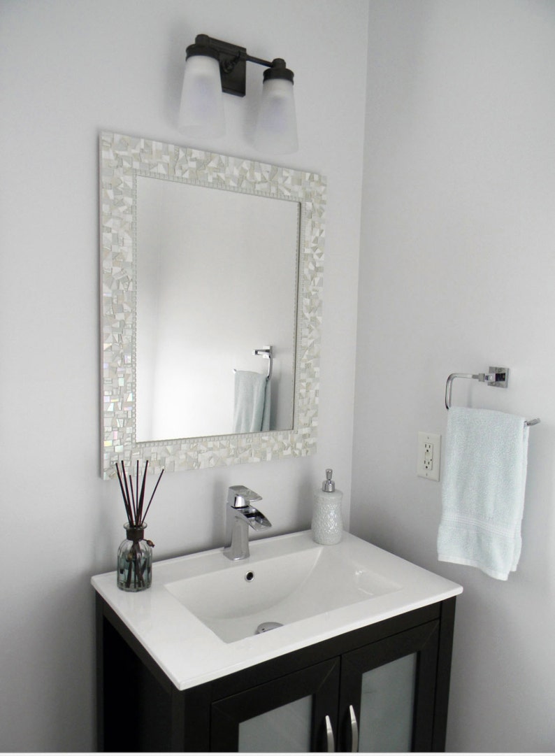 All White Wall Mirror, Large Mosaic Mirror, Neutral White Home Decor image 2