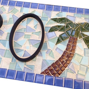 Beach House Address Sign in Blue and Aqua with Palm Trees, Mosaic House Number Sign image 3