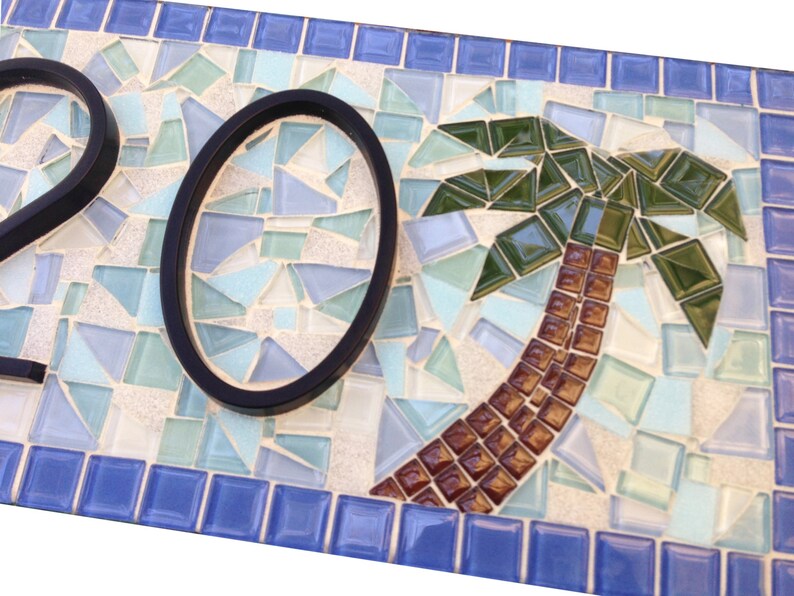 Beach House Address Sign in Blue and Aqua with Palm Trees, Mosaic House Number Sign image 3