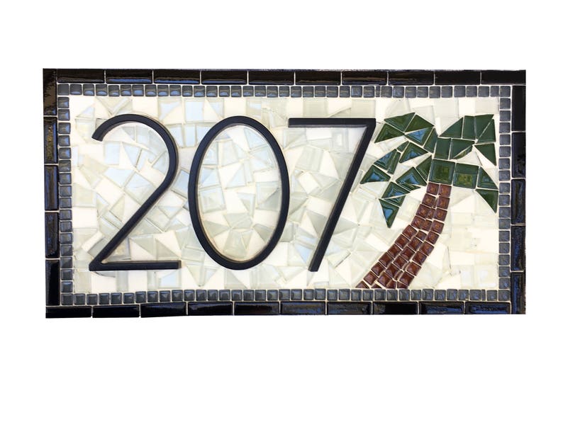 Address Sign with Palm Tree, Custom Mosaic House Number Plaque Three