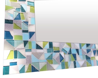 Rectangular Mosaic Wall Mirror in Teal, Lime Green, and Gray, Mirror for Bathroom, Bathroom Wall Decor
