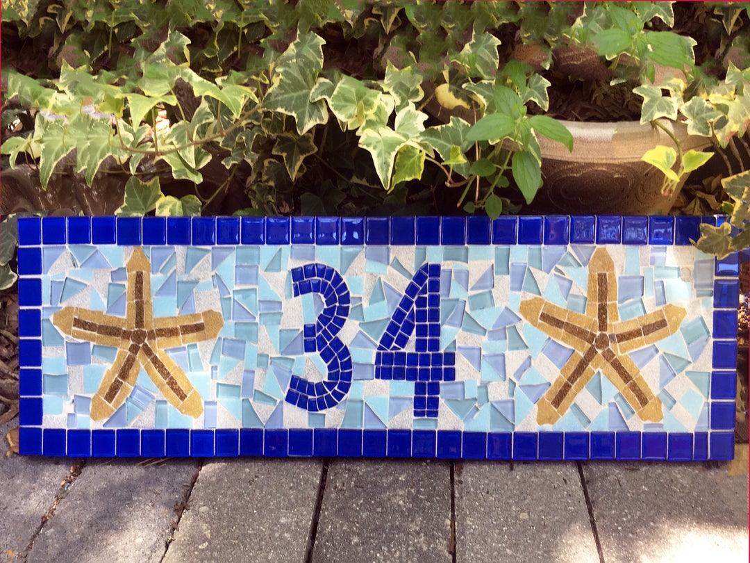 Mosaic Address Sign, House Numbers, Blue and Aqua, Starfish Etsy