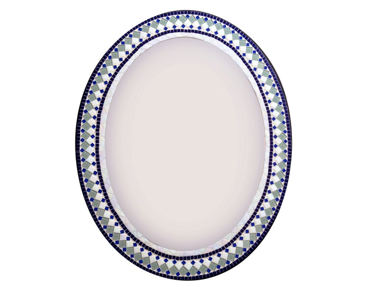 Oval Mosaic Mirror Geometric Wall Decor Navy Blue White Etsy