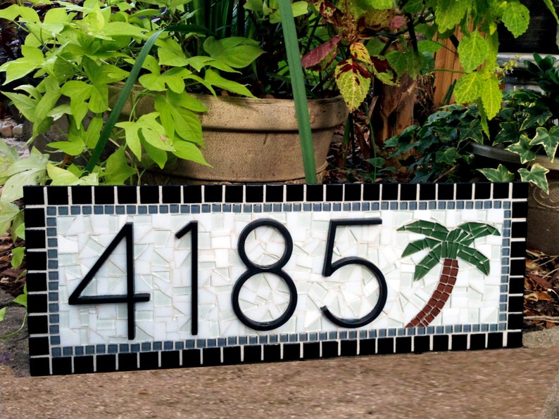 Address Sign with Palm Tree, Custom Mosaic House Number Plaque image 1