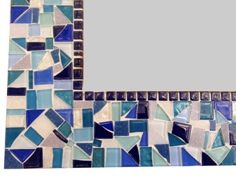 Large Mosaic Wall Mirror, Bathroom Mirror, Blue White Navy Aqua