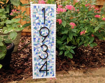 Vertical Address Sign, Outdoor House Numbers, Mosaic Address Plaque