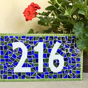 House Number Sign, Mosaic Address Plaque, Green and Blue, Colorful Address Sign - Customizable