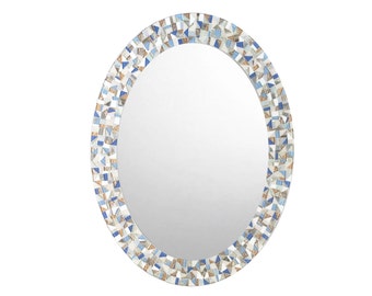 Oval Mosaic Mirror: Blue, Copper, and White Glass Wall Art