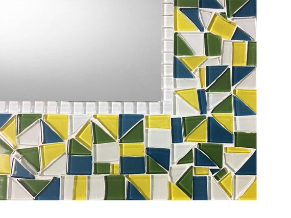 Rectangular Wall Mirror Mosaic Large Decor Yellow Green Teal White