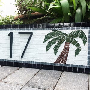 Address Sign with Palm Tree, Custom Mosaic House Number Plaque Two