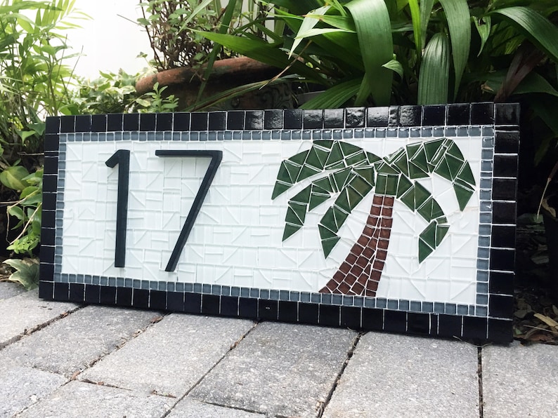 Address Sign with Palm Tree, Custom Mosaic House Number Plaque Two