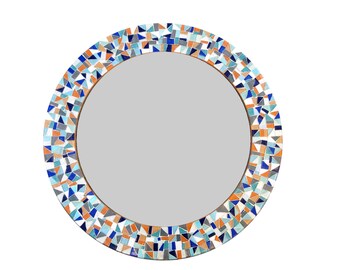 Round Mosaic Mirror, Modern Nursery Mirror, Blue, Orange, White, Gray