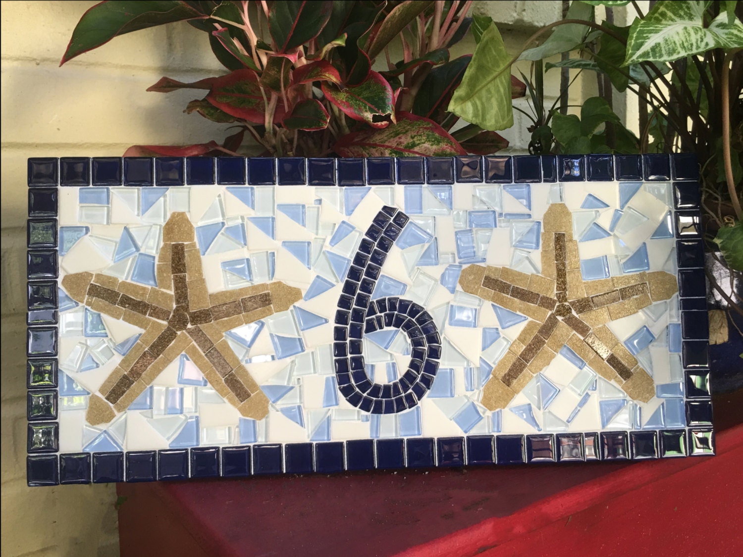 Blue Address Sign with Starfish Nautical House Number Plaque | Etsy
