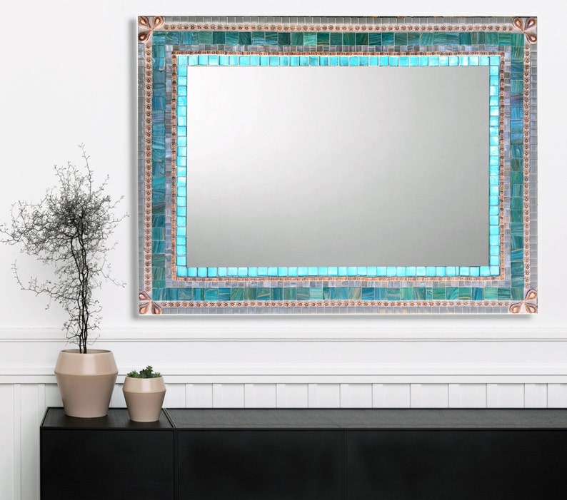 Large Wall Mirror Mosaic Mirror Aqua Gray Copper Bathroom Etsy