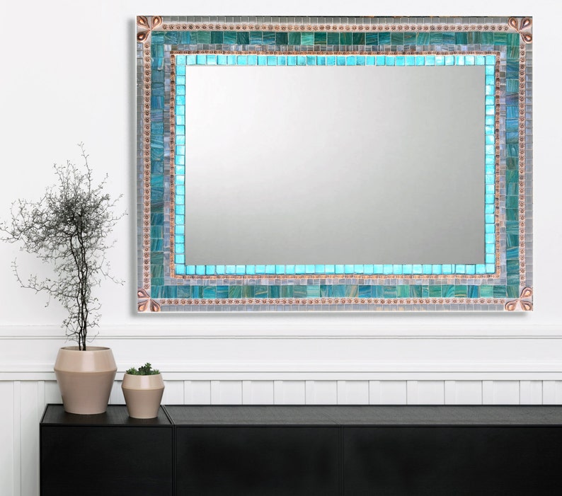 Large Wall Mirror, Mosaic Mirror, Aqua Gray Copper, Bathroom Decor, Mirror For Vanity image 1