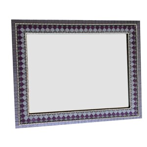 May include: A rectangular mirror with a decorative frame. The frame is made of a dark gray material with a pattern of purple and gray squares. The frame is accented with small silver beads.