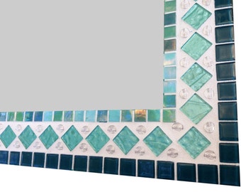 Teal Turquoise Aqua Wall Mirror, Mixed Media Mosaic, Glass Mirror, Wall Decor, Geometric Home Decor