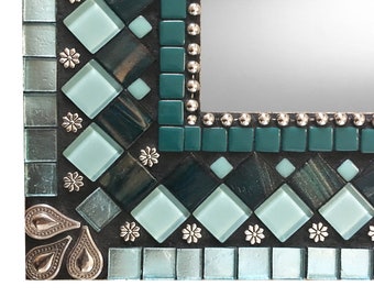 Mosaic Mirror, Bathroom Mirror, Large Wall Mirror, Teal, Aqua, Turquoise Silver