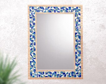 Decorative Mosaic Wall Mirror -- Blue and Copper Mirror, Beach House Decor