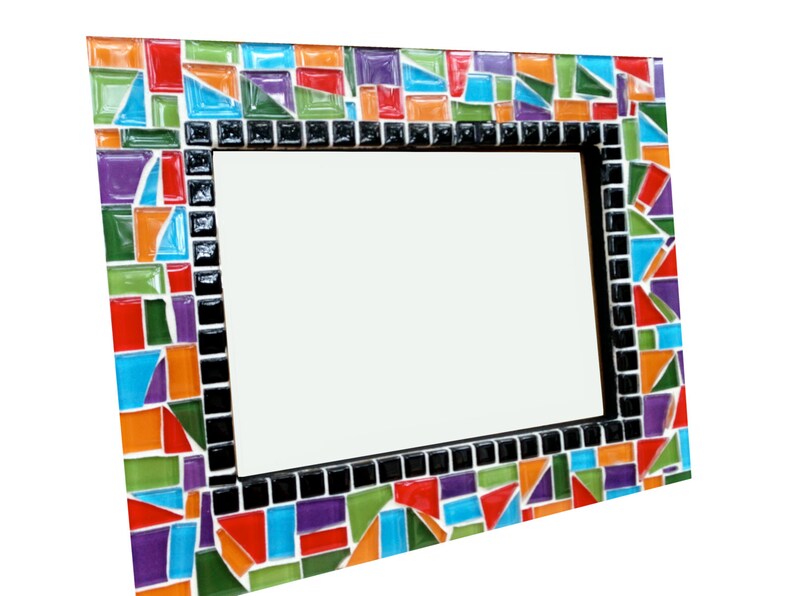 May include: A rectangular mosaic mirror with a vibrant, colorful border. The mosaic design features an array of geometric shapes in red, orange, green, blue, and purple. The frame is accented with black tiles.
