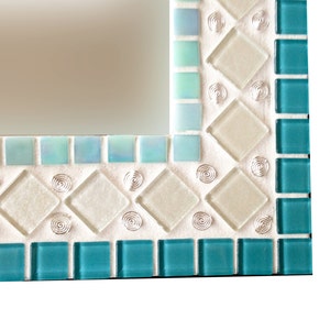 Teal, Aqua, White, Silver Wall Mirror // Mixed Media Mosaic